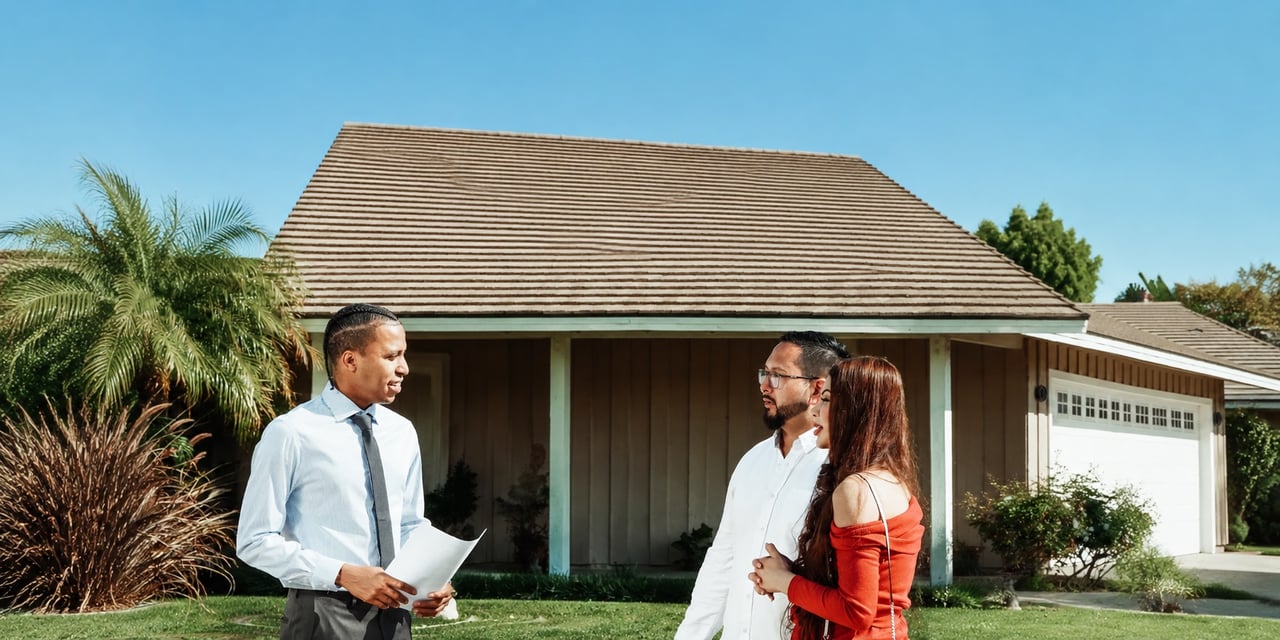 Home buyers speaking with a real estate agent outside a house