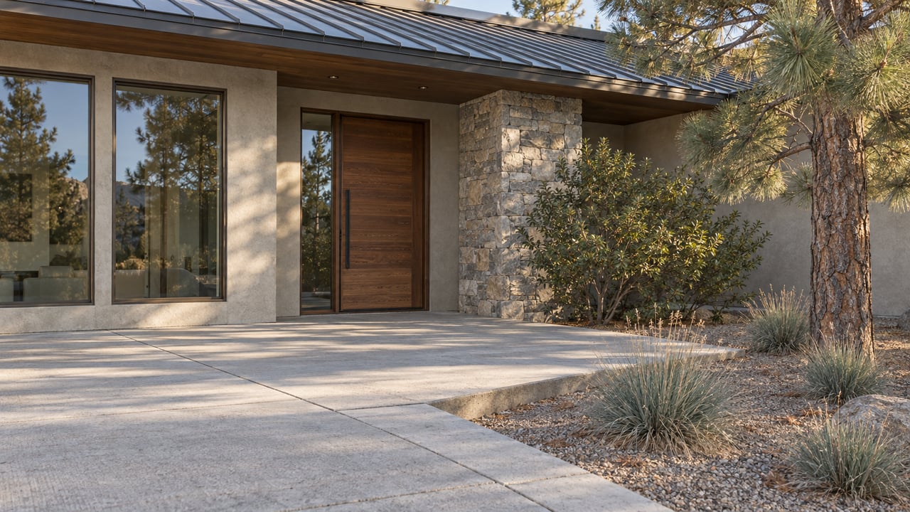 Stone and gray-stucco home with a recessed wood entry, broad concrete approach, and carefully placed dry-climate planting.