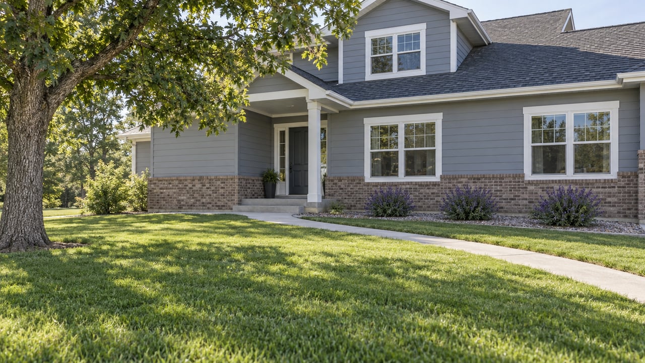 Two-story blue-gray house with brick wainscot, recessed entry, and a long lawn crossed by a curved concrete walk.