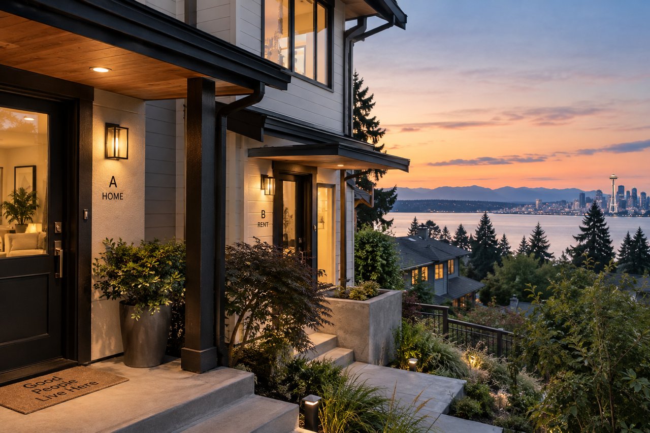 Modern homes overlooking the water and Seattle skyline at dusk, with entrances labeled “A HOME” and “B RENT.”