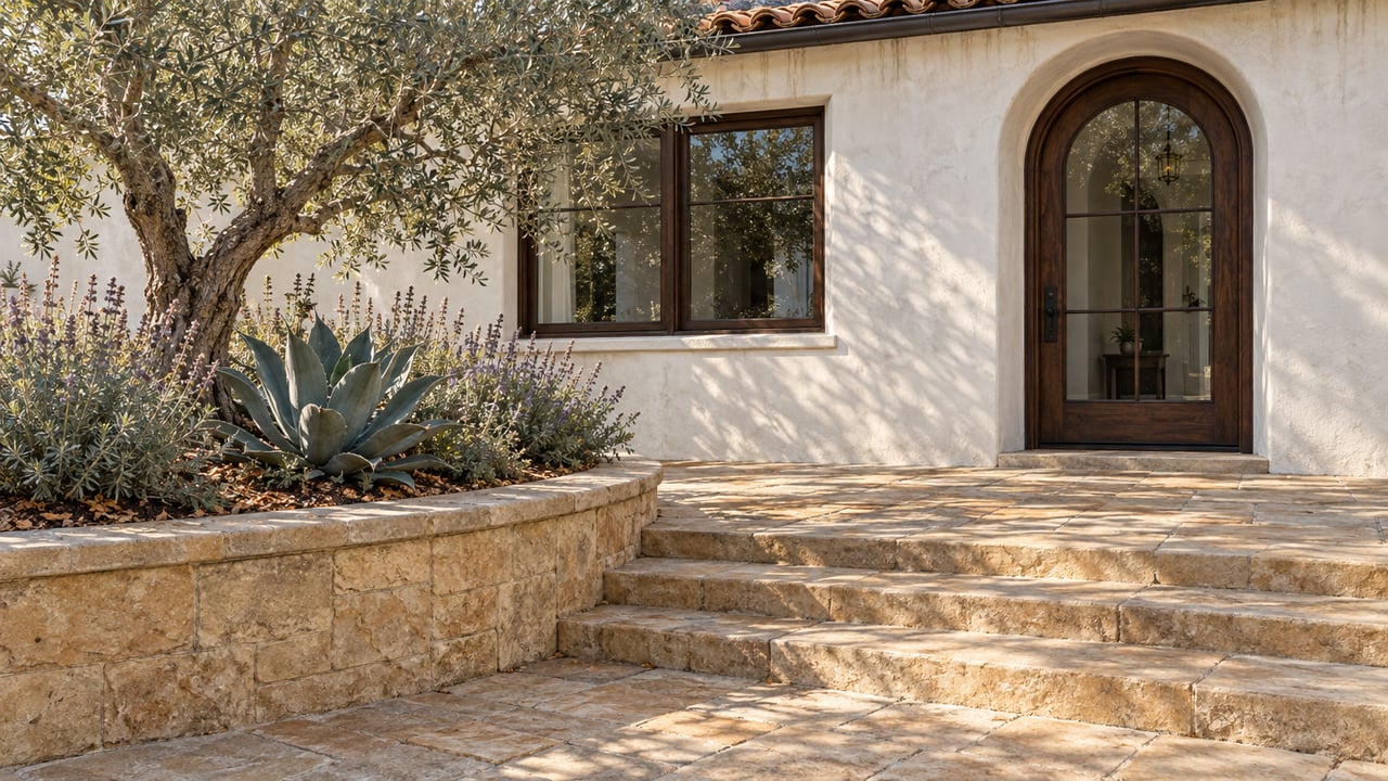 An olive tree and sculptural agave beside sandstone steps leading to a white stucco home with an arched glass entry.