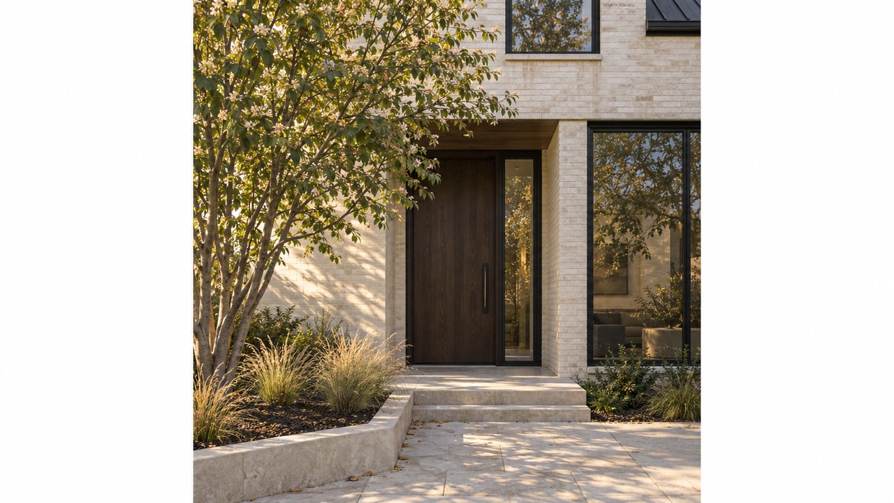 Cream brick home with a dark oak entry, black steel windows, and a serviceberry shading the planted approach.