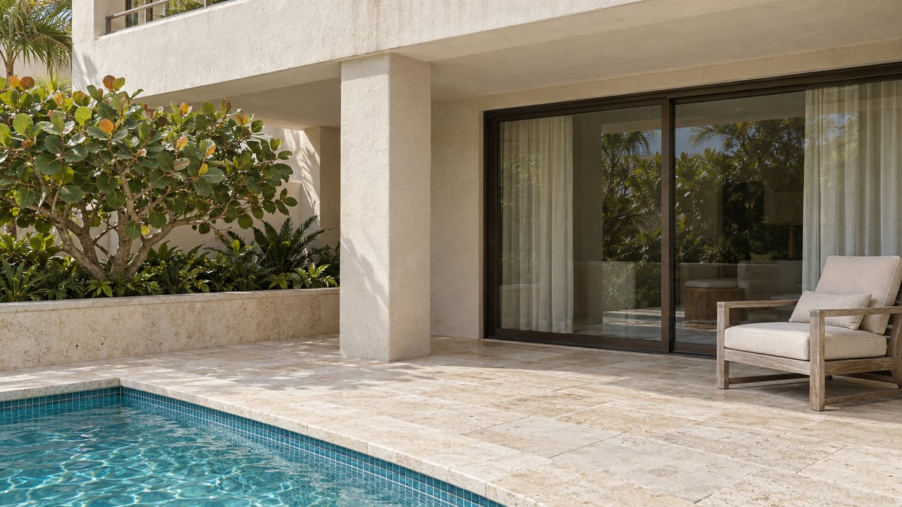 Sunlit limestone terrace beside a turquoise pool, with ivory stucco, closed bronze-framed glass doors, a teak lounge chair and a sea grape tree.
