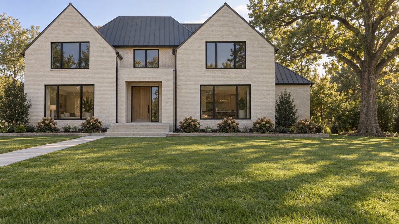 A limewashed brick home with dark pitched roofs and tall windows beyond a broad lawn, with an oak tree and autumn hydrangeas.