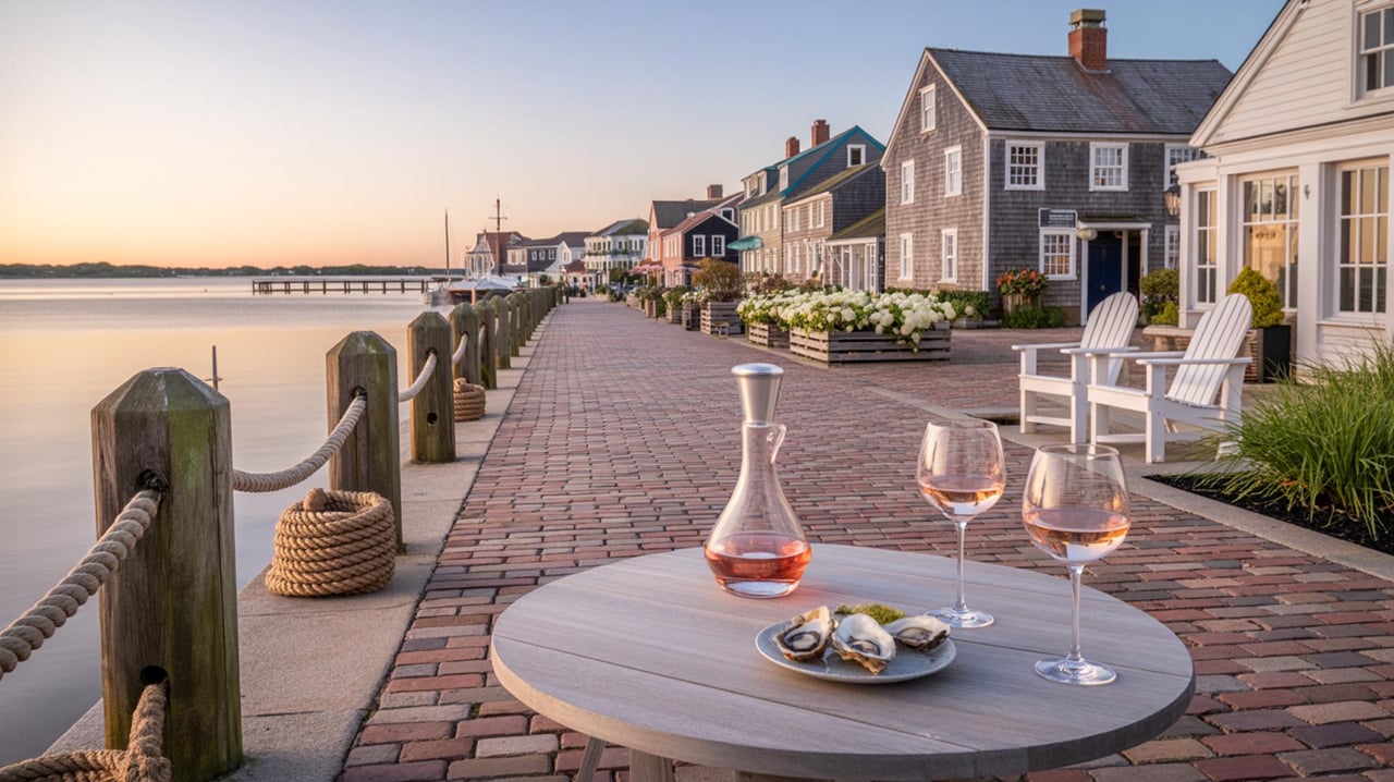 Wine and oysters on a round table beside a brick waterfront walkway lined with cottages.
