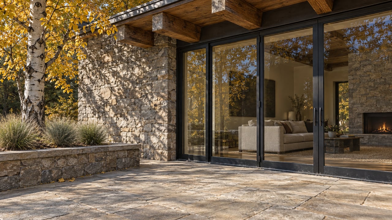 Autumn light on a stone terrace, weathered timber roof and black-framed glass doors beside a golden-leaved aspen.
