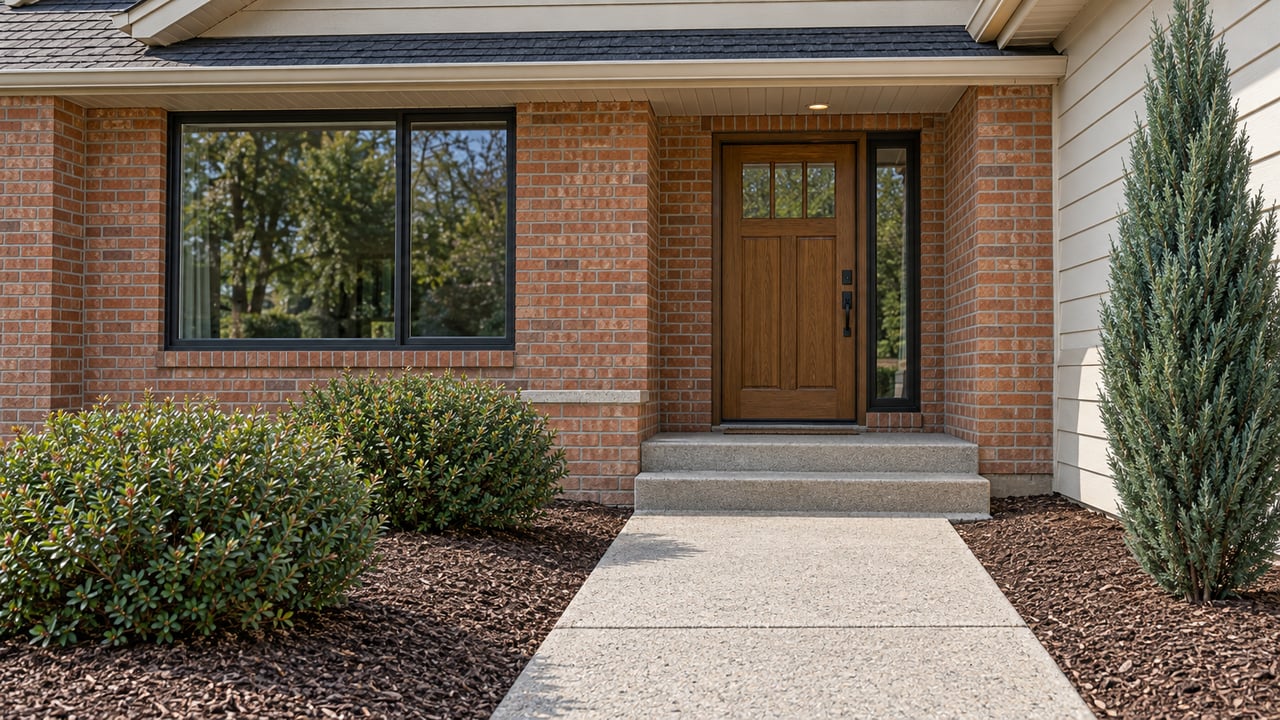 Brick house entry with an oak door, black-framed window, concrete walk, and clipped shrubs.