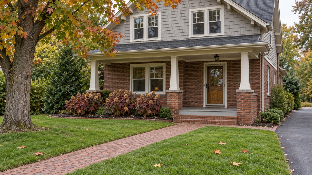 Traditional brick and shingle house with a deep front lawn, brick walkway and an autumn maple beside its covered porch.