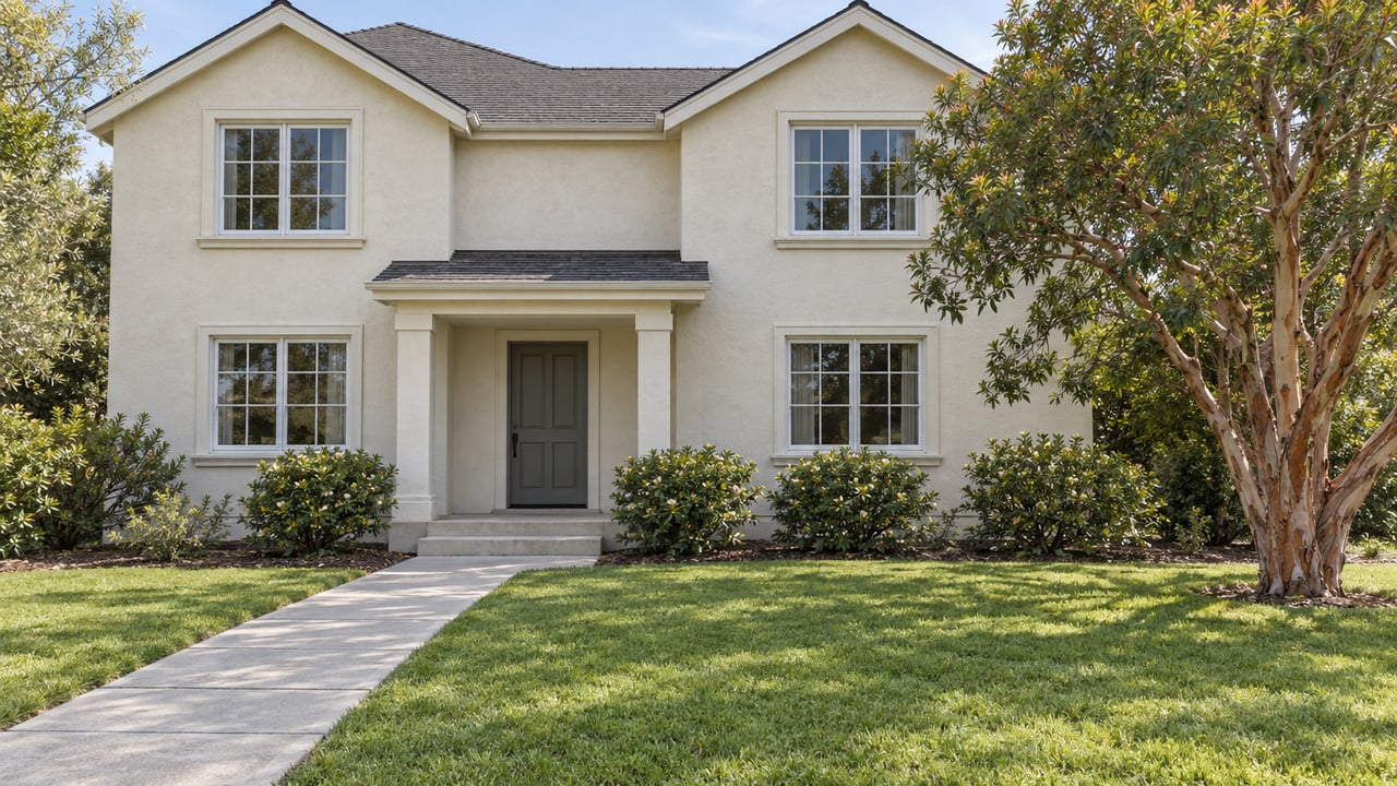 Two-story white stucco home with a centered entrance, front lawn, and mature trees.