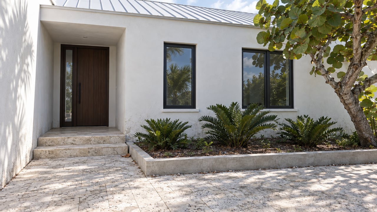 White-stucco coastal house with a recessed timber door, dark-framed windows, limestone approach, and tropical planting.