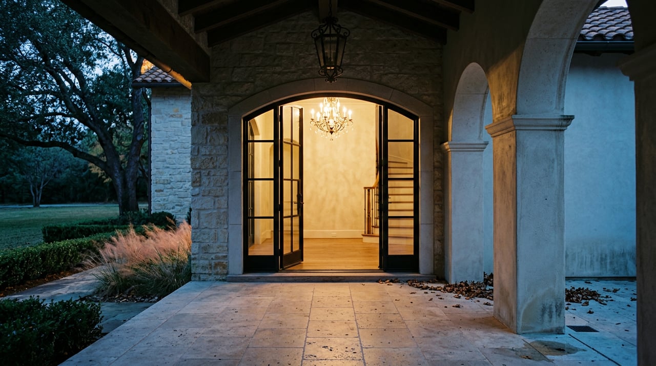 Open iron-and-glass doors reveal a warmly lit foyer beneath a stone arch, with travertine pavers and dusk-blue lawn beyond.