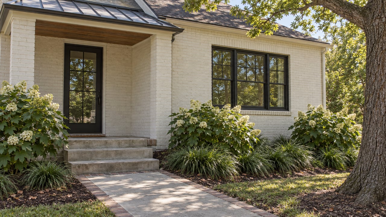 Ivory-brick house with a glazed porch door, divided-light window, hydrangeas, and an oak beside the front walk.