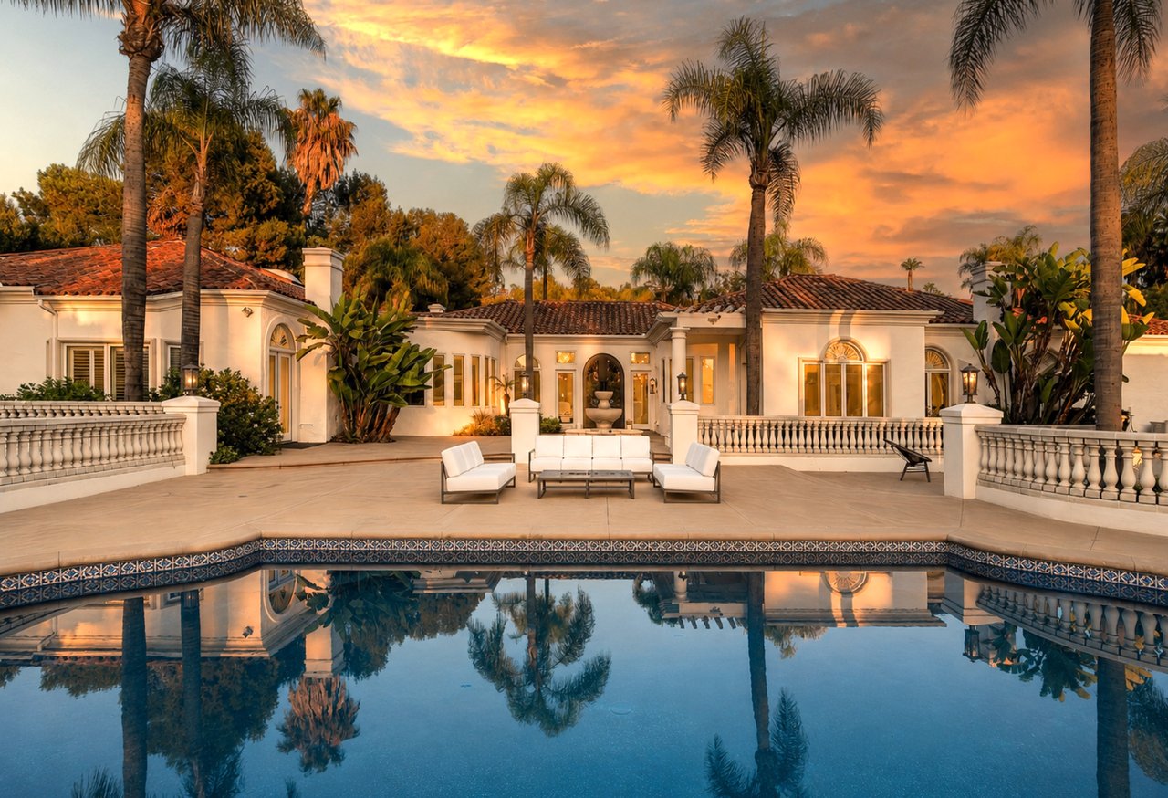 Mediterranean-style home and palm-lined pool at sunset, with outdoor seating on the patio.