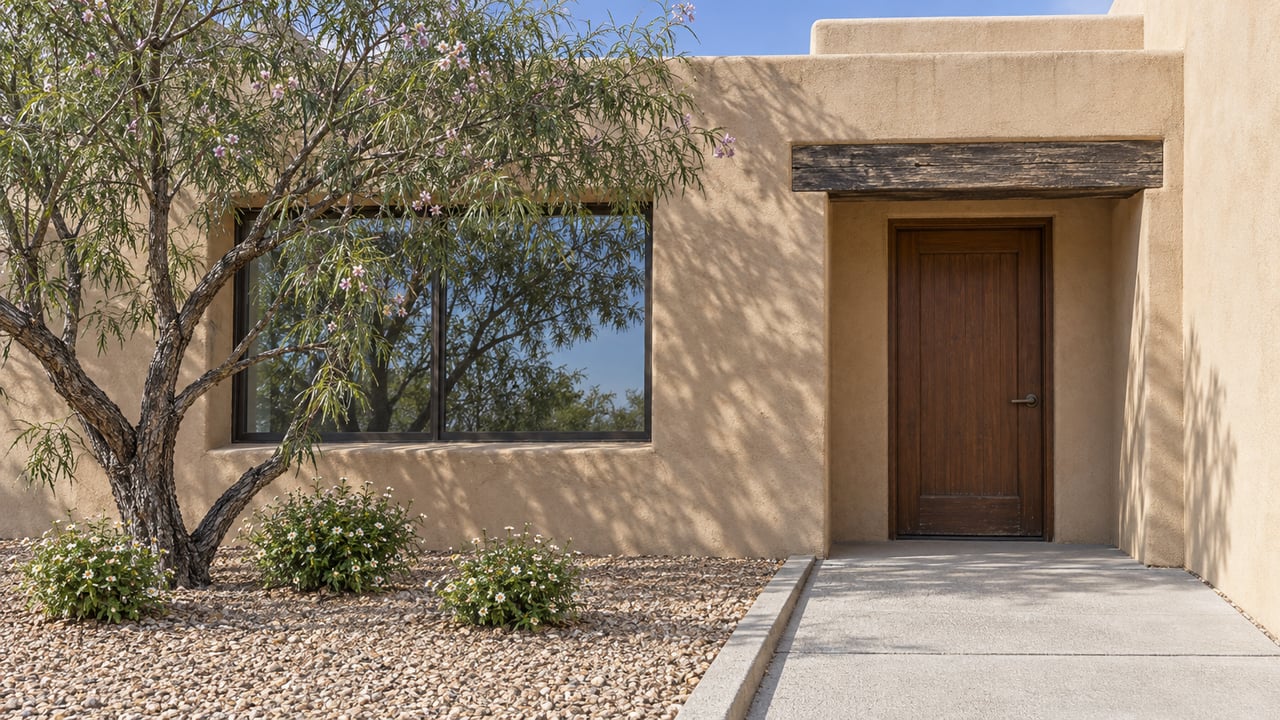 Buff stucco home with a recessed timber entry, bronze-framed window and flowering desert willow beside a gravel-bordered concrete walk.