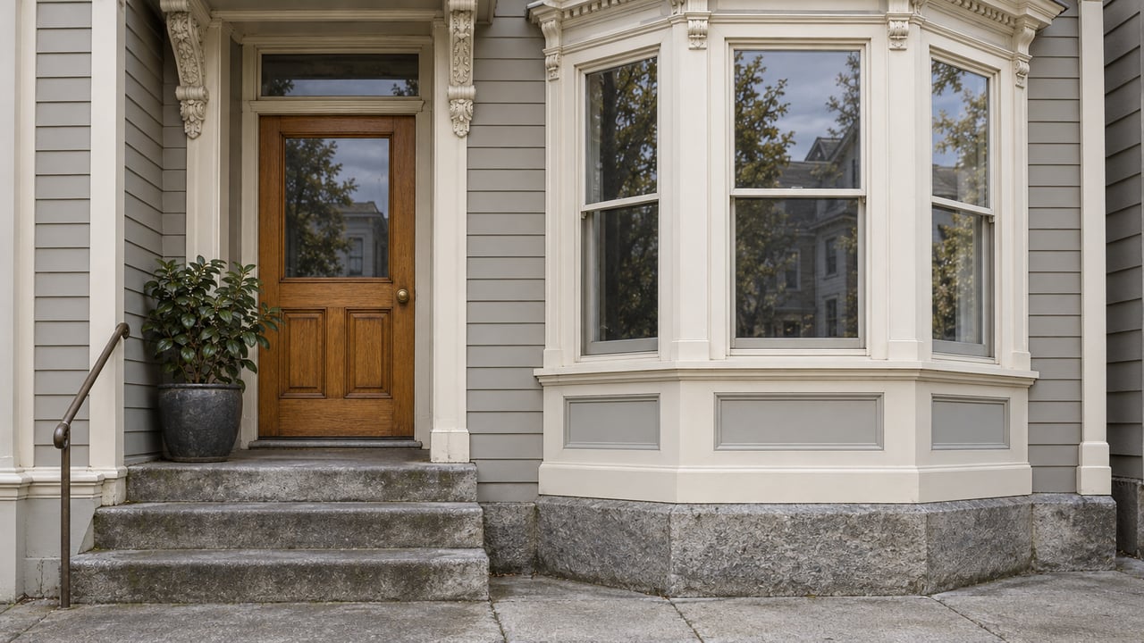 Close view of a light-painted historic home's oak entry door, carved brackets, bay windows and worn stone steps.