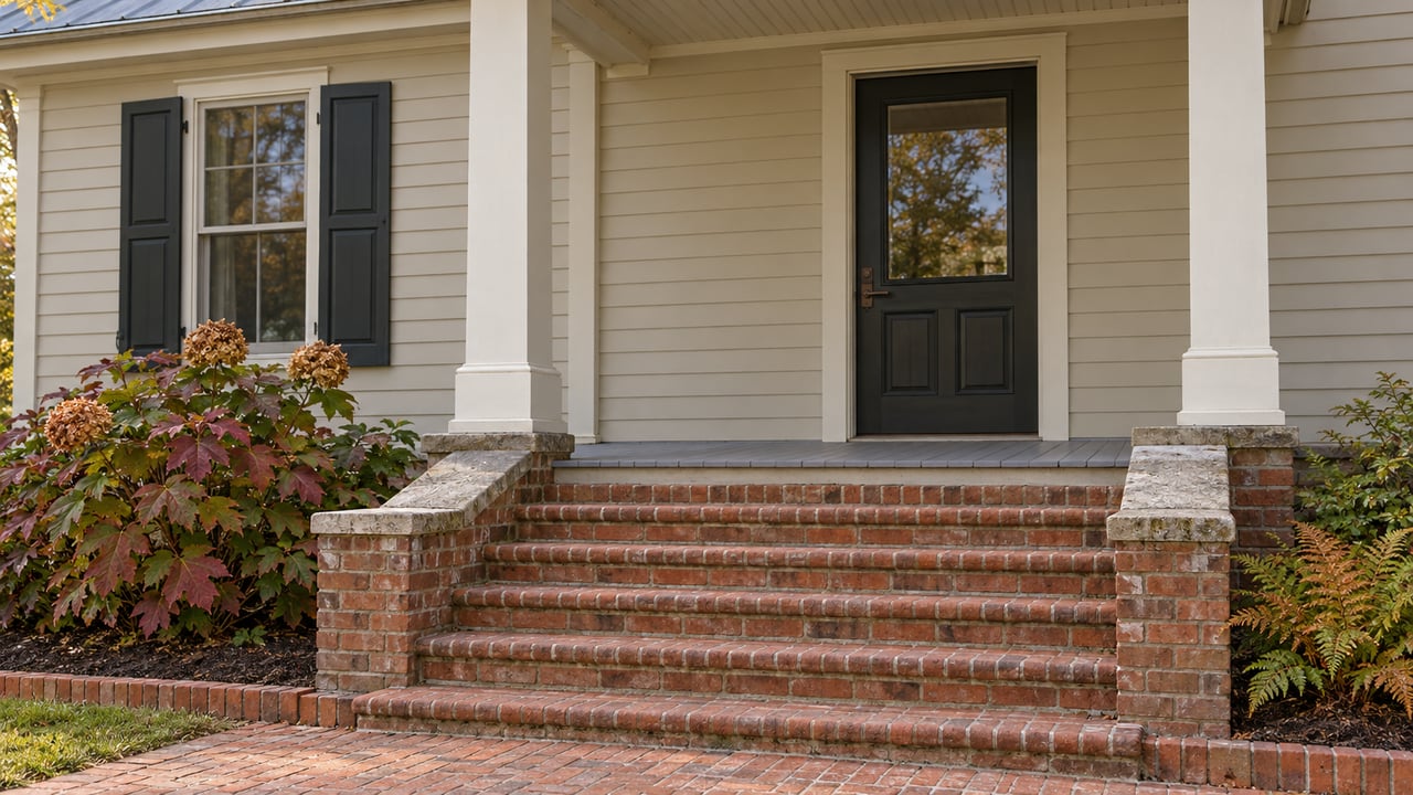 Brick steps between limestone-capped cheek walls lead to a shaded porch on a pale clapboard home, with oakleaf hydrangea beside the entry.