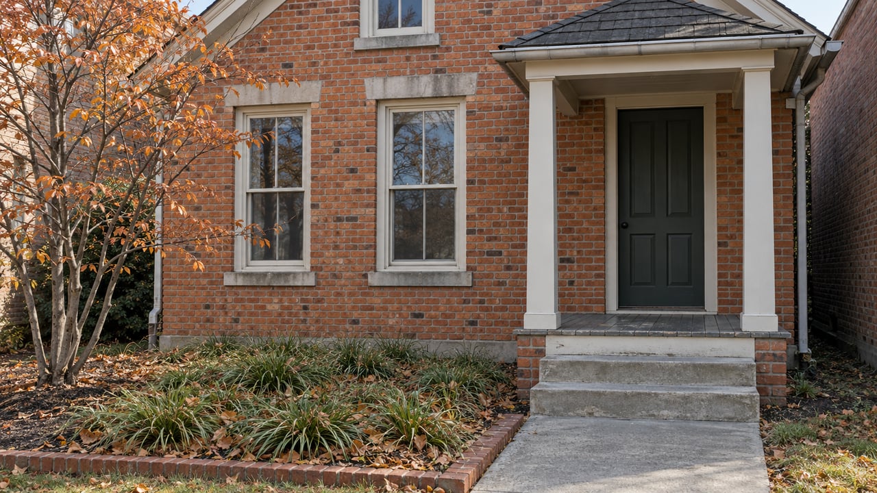 Orange-red brick home with cream sash windows, a dark green front door, a small timber porch, and a copper-leaved serviceberry beside the walk.
