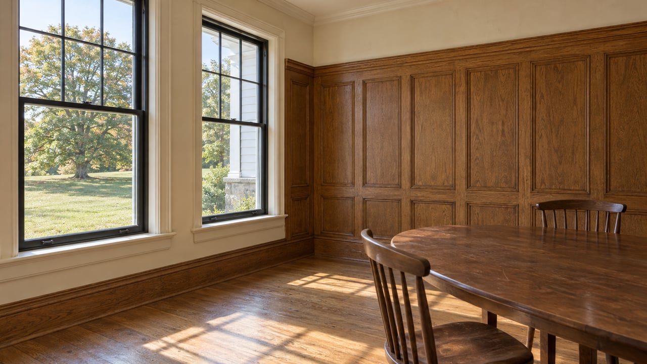 Sunlit dining room with oak paneling, walnut furniture and tall windows overlooking a broad lawn and mature oak.