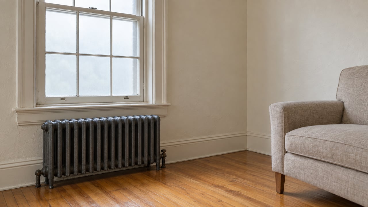 Older living room with a tall double-hung window, cast-iron radiator, upholstered chair, and honey-toned maple floor.