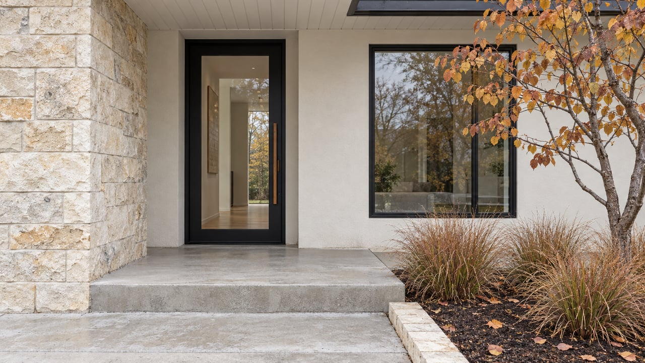 Covered home entry with cream limestone, warm-white walls, black-framed glazing and copper-colored autumn planting.