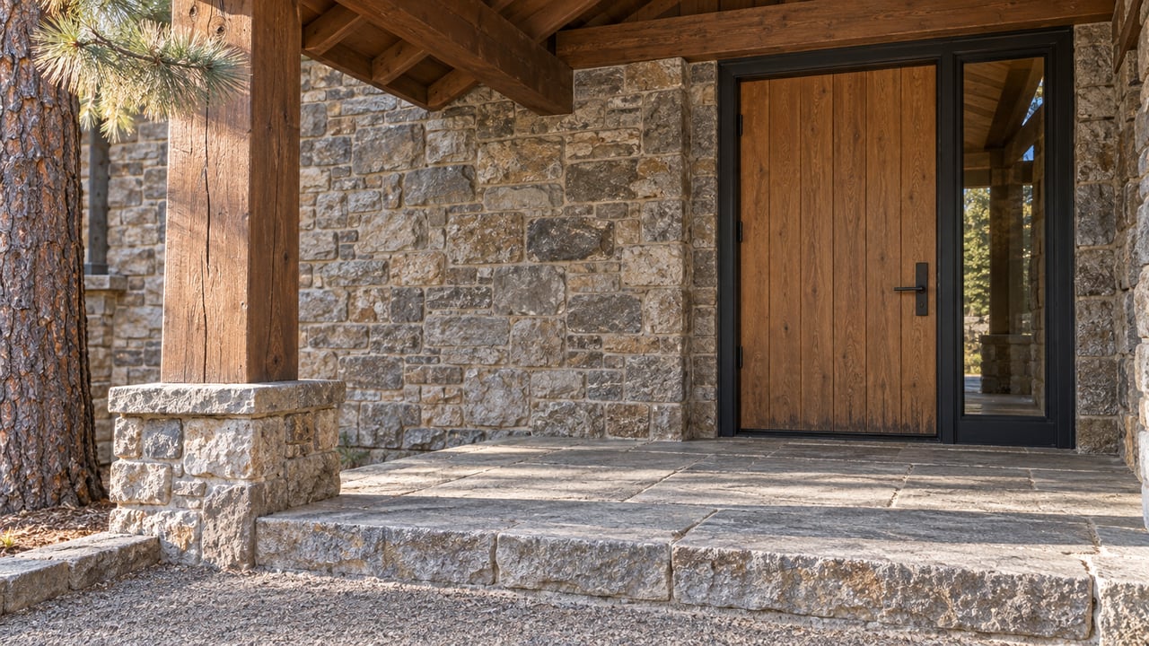 Morning light on a timber-covered stone entry with an oak door, black-framed sidelight, and a mature ponderosa pine.