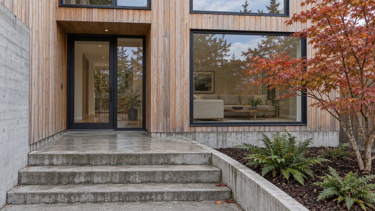 Cedar-clad contemporary townhouse entrance with black-framed glazing, concrete steps, and an amber-leaved vine maple.