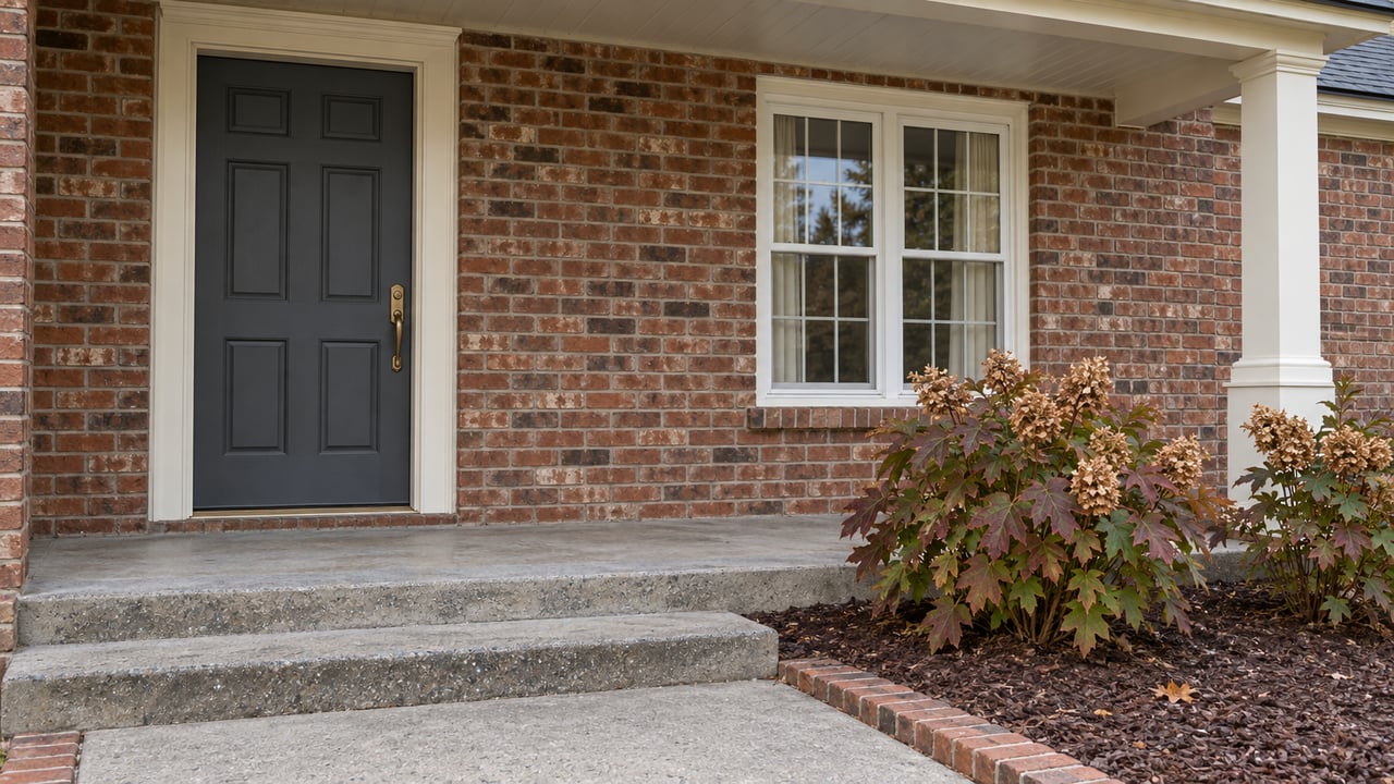Brick home entry with a charcoal door, white-trimmed window, weathered concrete steps and autumn oakleaf hydrangeas.