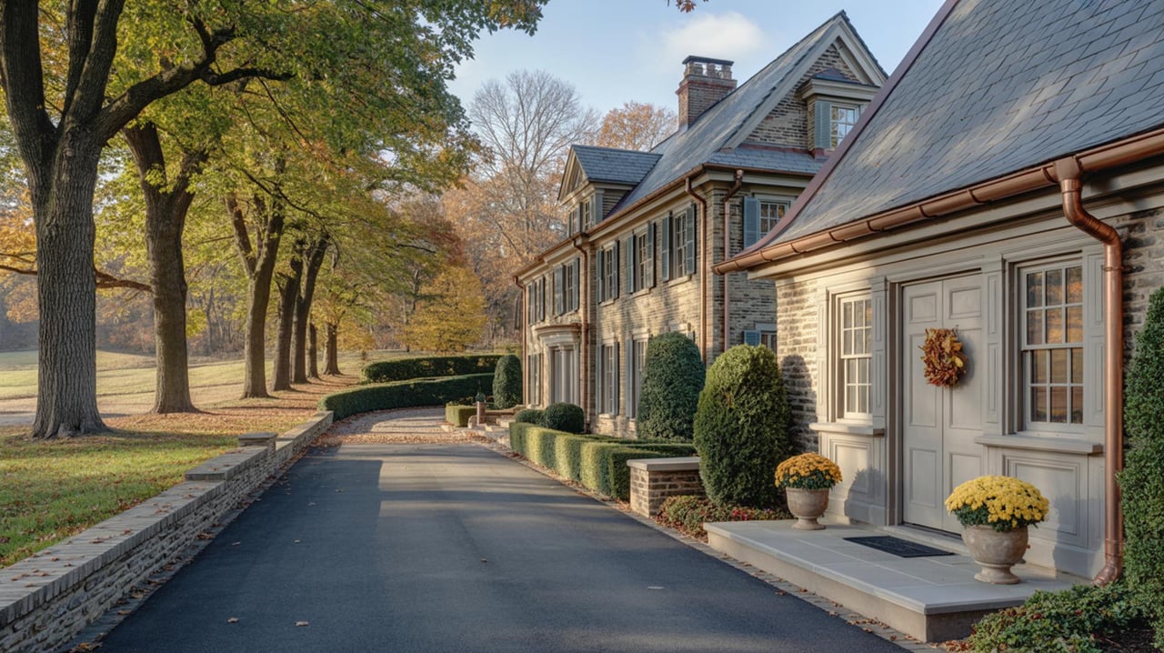 Stone manor beside a paved drive, with clipped hedges, potted chrysanthemums, and autumn trees.