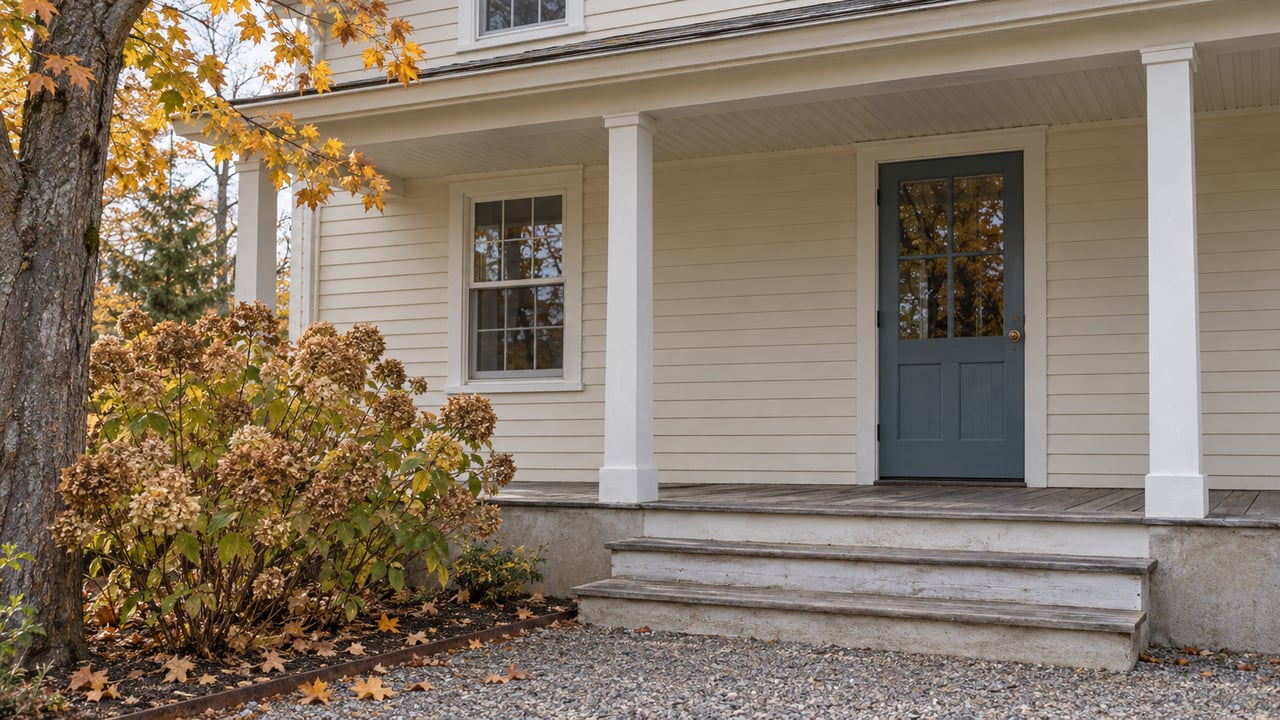 Cream clapboard house with a blue-gray glazed door, weathered wooden porch steps and dried hydrangea flowers in autumn light.