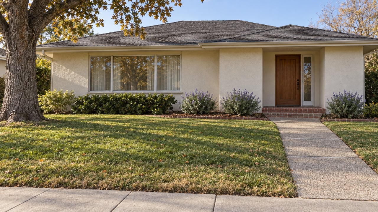 A single-story stucco ranch home behind a deep front lawn, with a mature oak, brick porch and sunlit concrete approach.