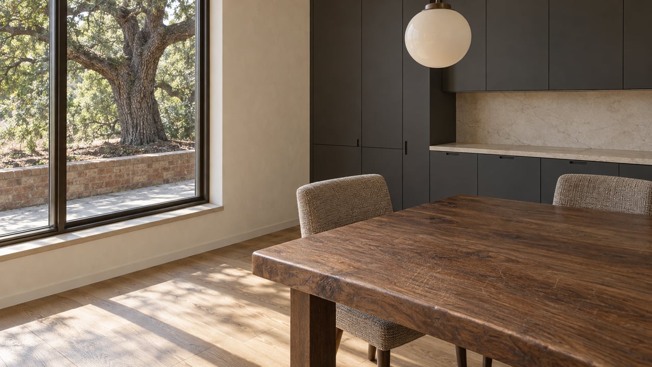 Walnut dining table and taupe chairs beside charcoal cabinetry, with sunlight through a closed window overlooking an oak tree.