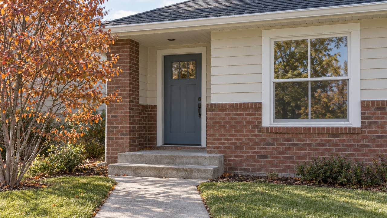 House entry with a blue-gray door, red-brown brick, ivory siding, and bronze-orange leaves.