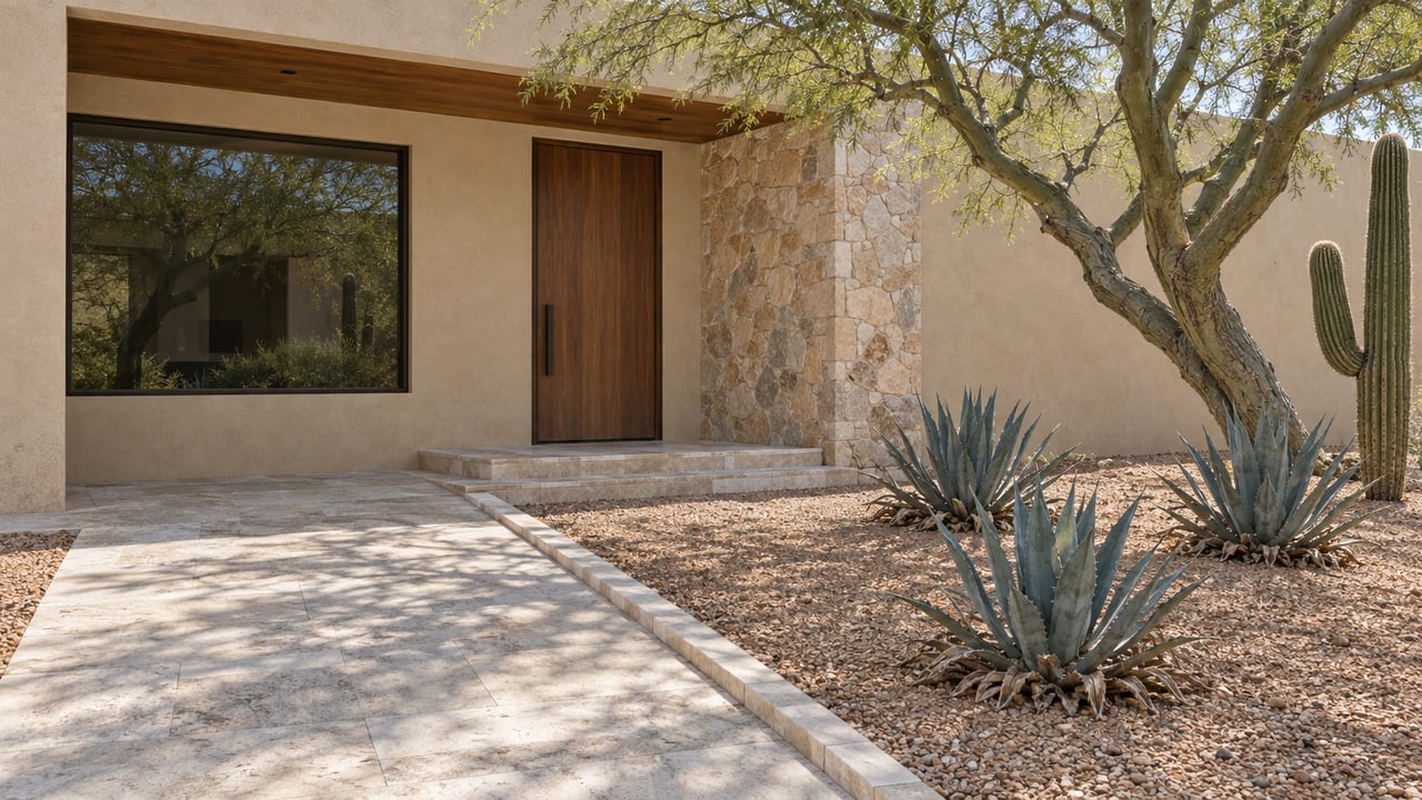 Warm plaster home with a recessed walnut entry, limestone approach, quartzite pier and sculptural desert planting.