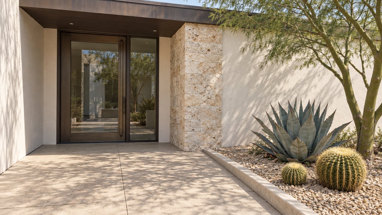 A recessed glass entry framed by warm-white stucco and limestone, beside a concrete approach and sculptural desert planting.