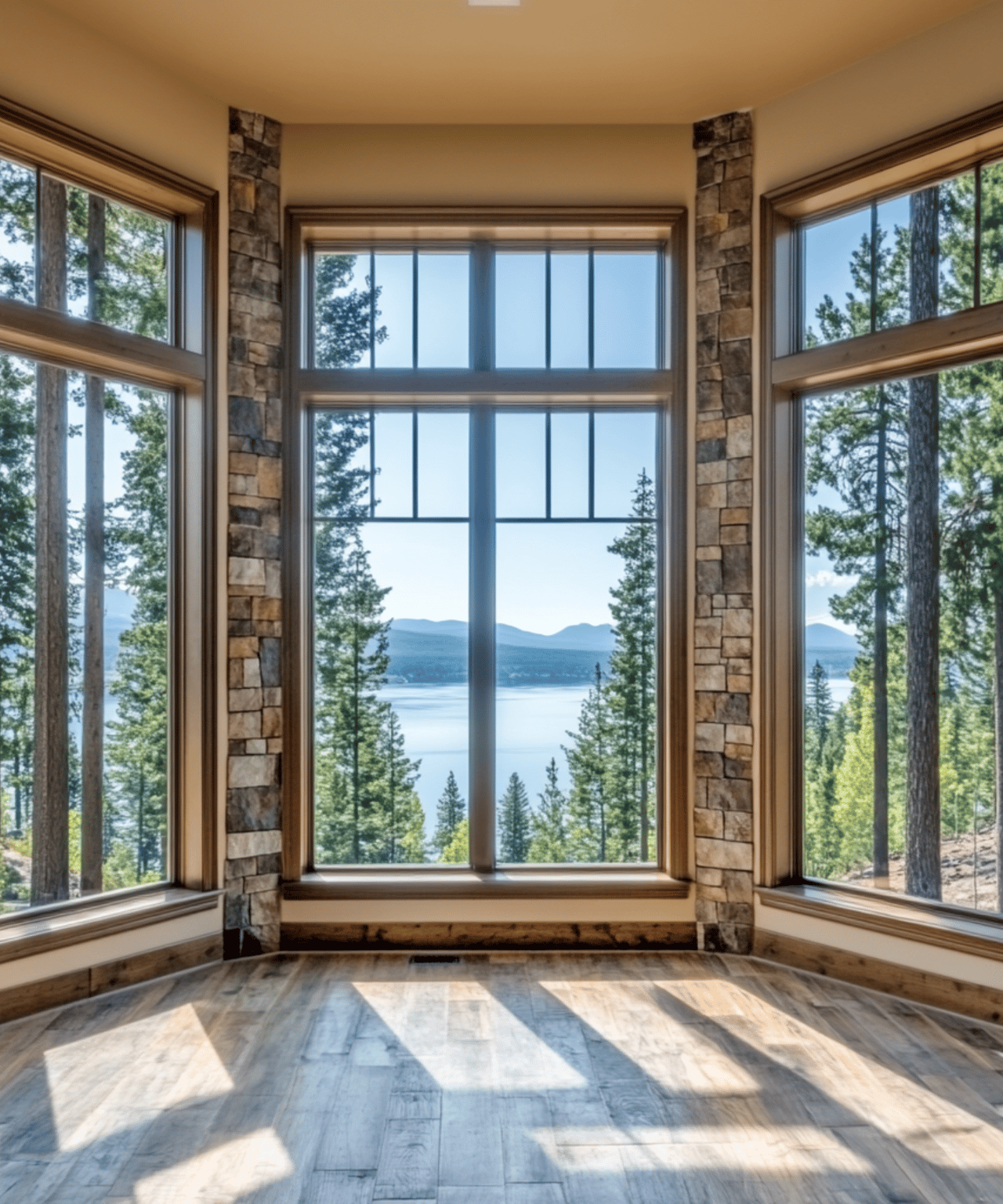 Empty room with tall windows framing a lake, evergreen trees, and distant mountains.