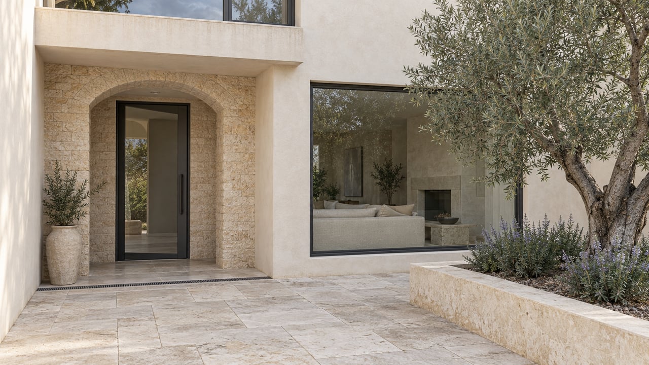 Pale stucco home with a recessed stone-lined entrance, limestone courtyard, and olive tree in a raised planting bed.