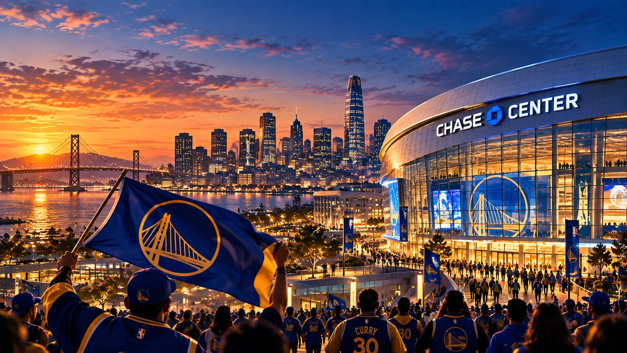 Chase Center at sunset with San Francisco skyline, Bay Bridge, and Golden State Warriors fans.