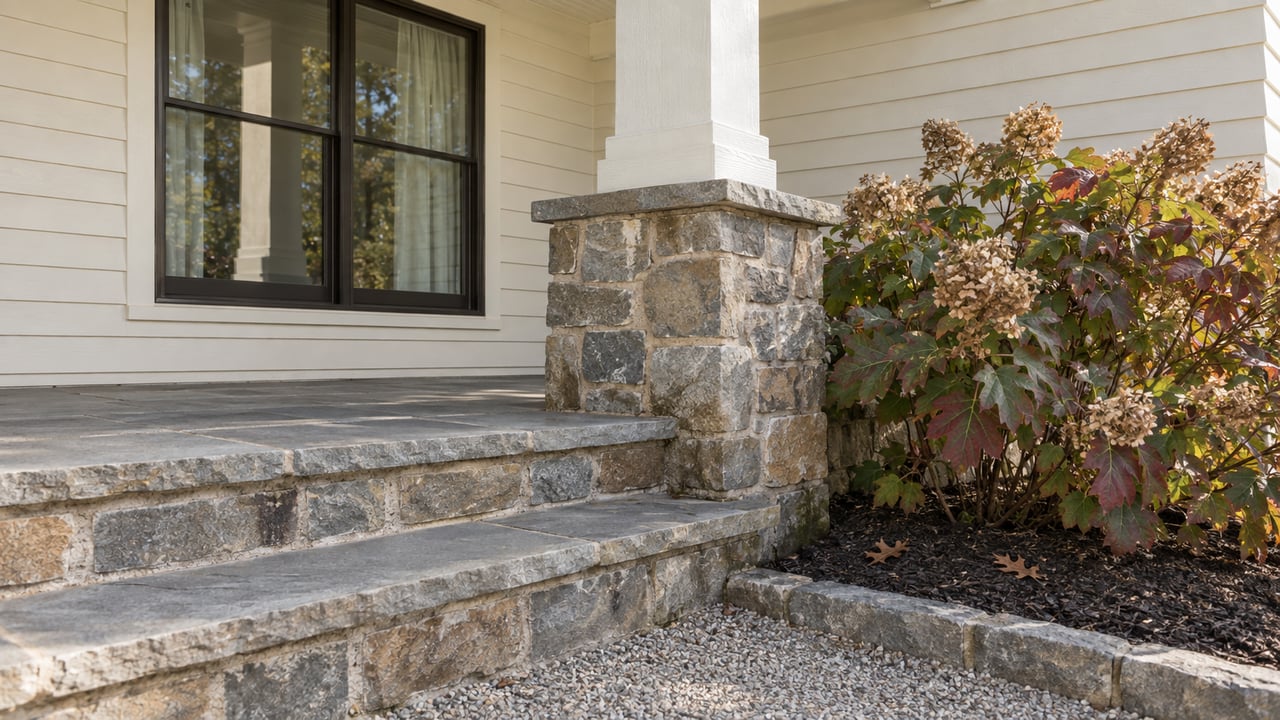 Close view of a pale-sided home's stone porch, dark-framed window and oakleaf hydrangea in autumn color.