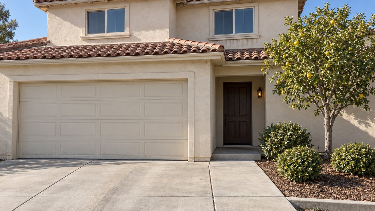Sunlit two-story stucco home with terracotta roof tiles, cream garage door, recessed wood entry and a lemon tree beside the concrete approach.