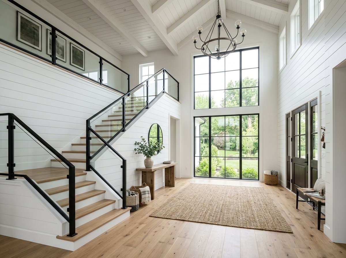 Double-height foyer with an oak-tread staircase, black balusters, and a black lantern pendant.