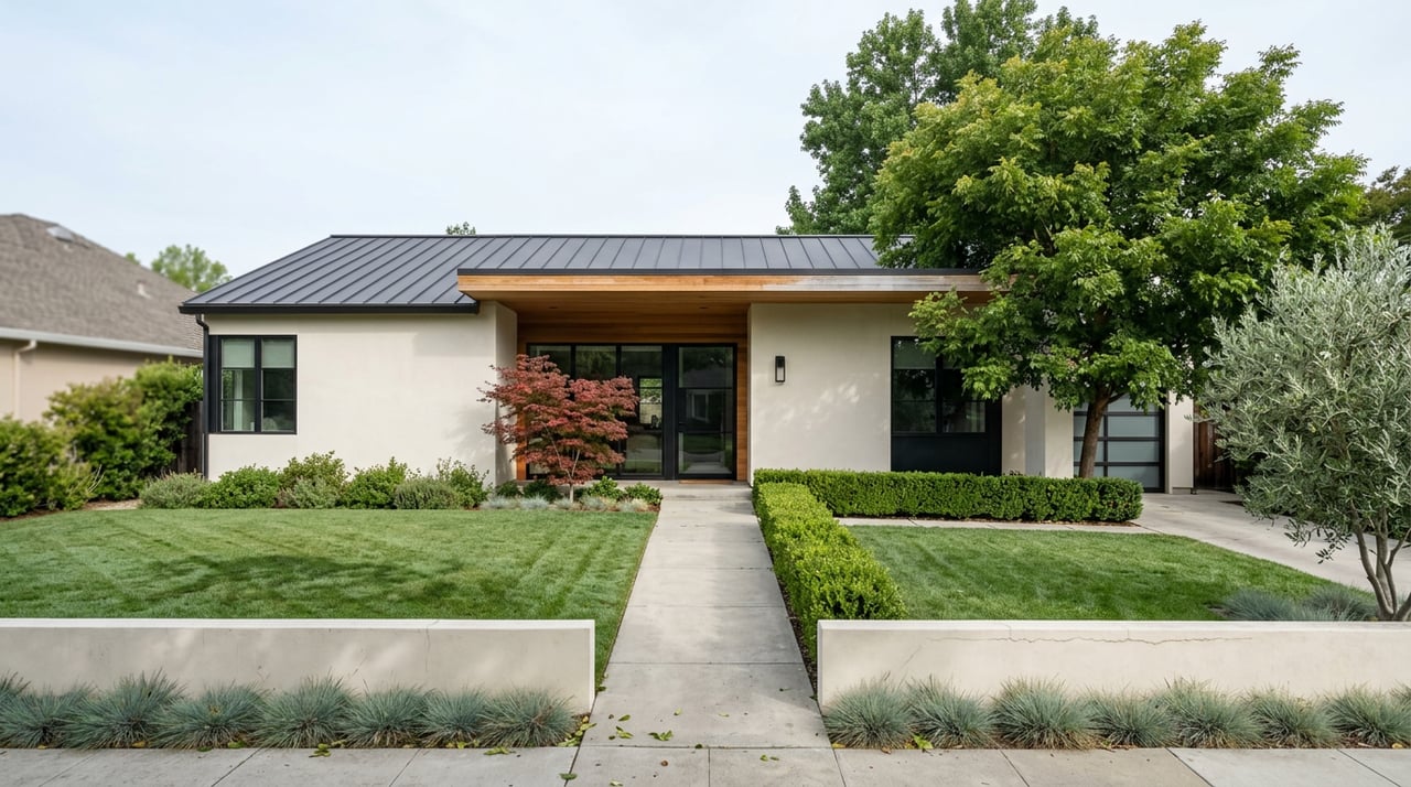 Pale stucco home with a dark metal roof, cedar entry soffit, red maple, and mature trees beyond a deep lawn.