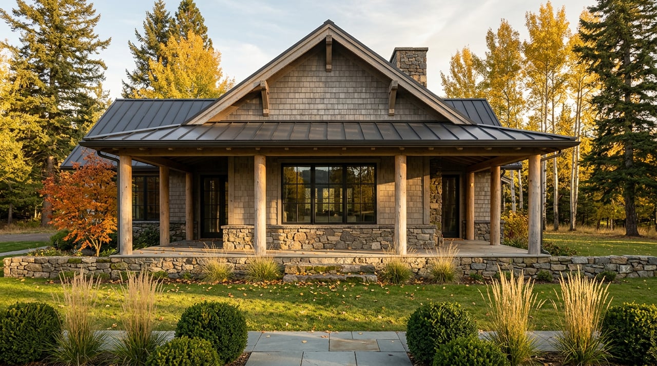 Mountain home with cedar-shingle gable, stone porch base, and golden aspens framing the roof.