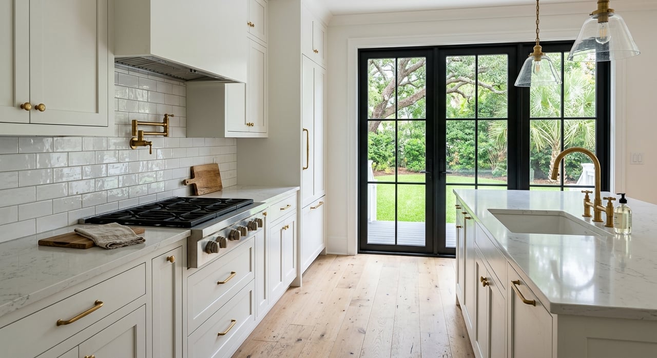 White kitchen with a brass faucet, quartz island, and black-framed glass doors opening onto a small lawn.