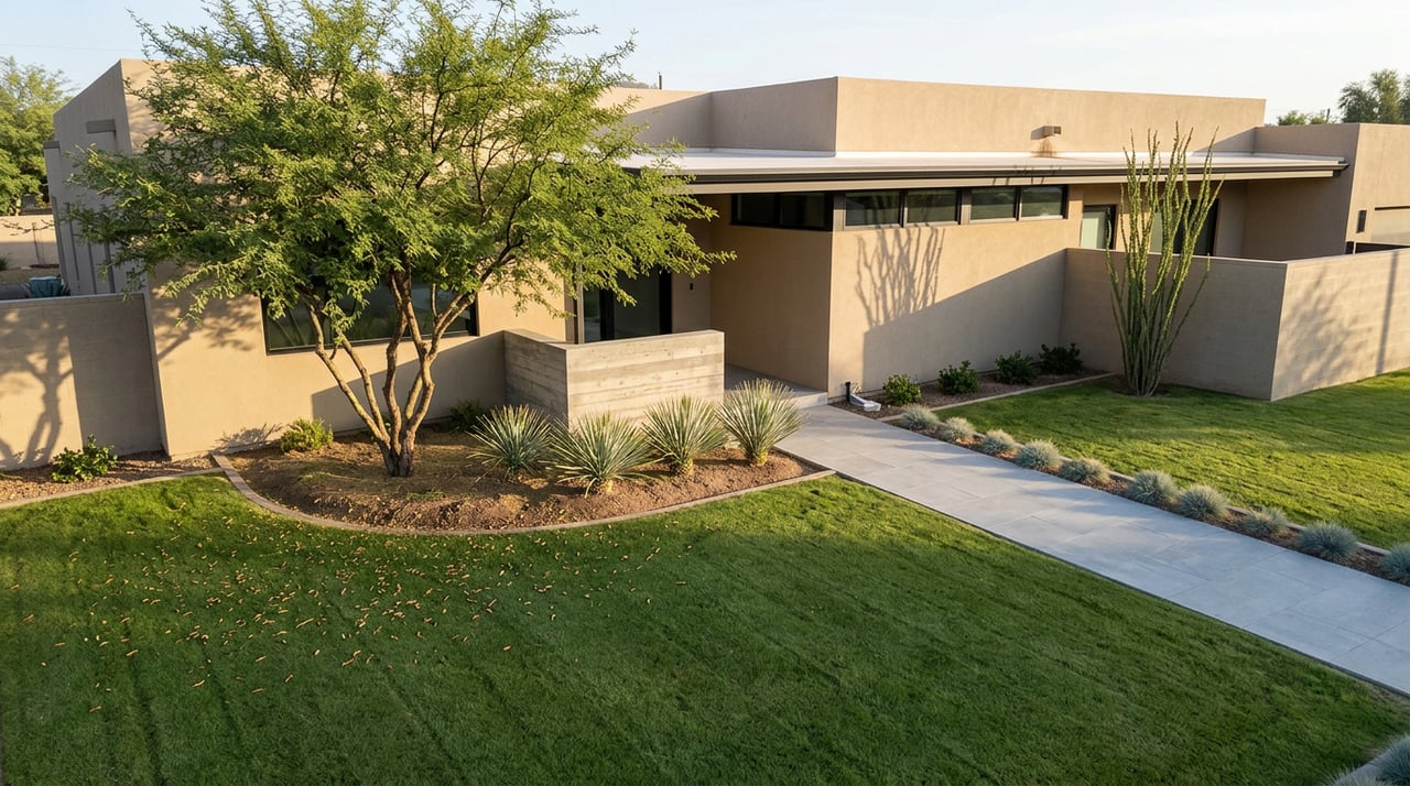 Desert-modern home beyond a broad green lawn, with diagonal pavers, sculptural desert plants, and a low stucco wall.