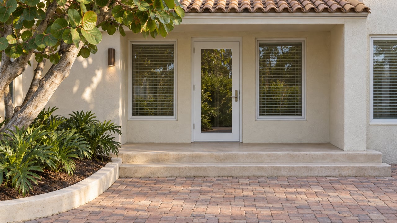 Sunlit ivory stucco residential entry with tan tile eaves, white-framed glazing, worn pavers and a sea grape tree.