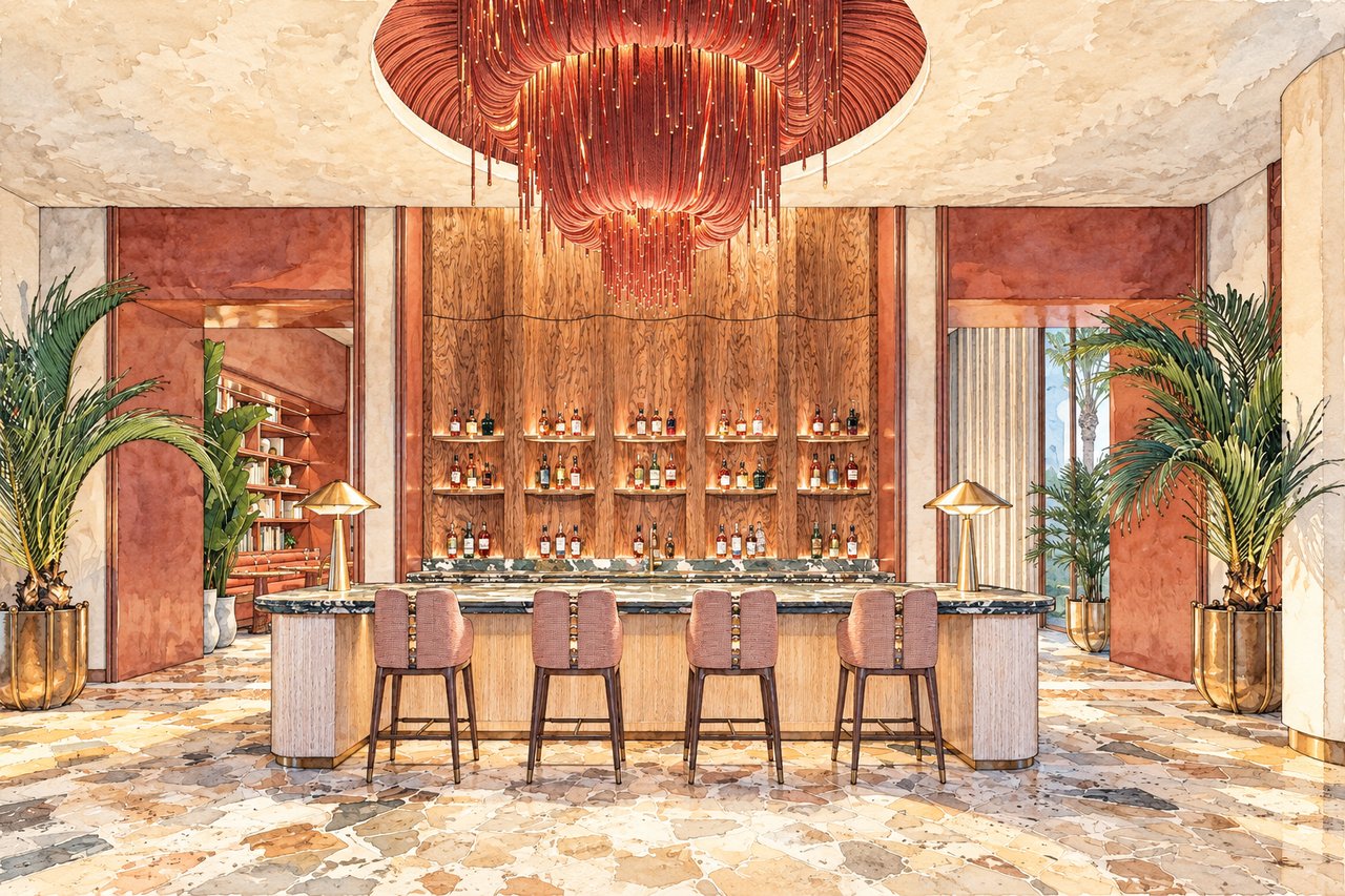 Bar interior with a stone-topped counter, bottle shelves, potted palms, and a sculptural chandelier.