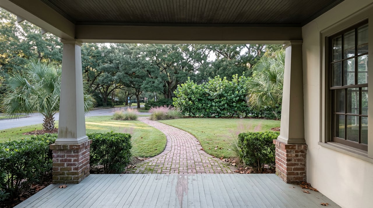 Covered porch opening onto a lawn, with a curving brick walkway leading beneath a mature oak canopy.