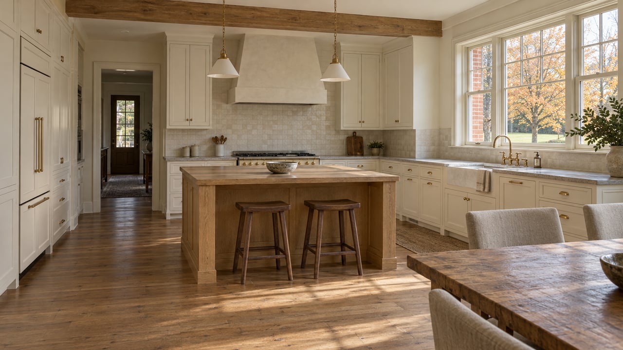 Oak island and limestone counters in a sunlit residential kitchen, with an adjoining dining table and autumn foliage outside closed windows.
