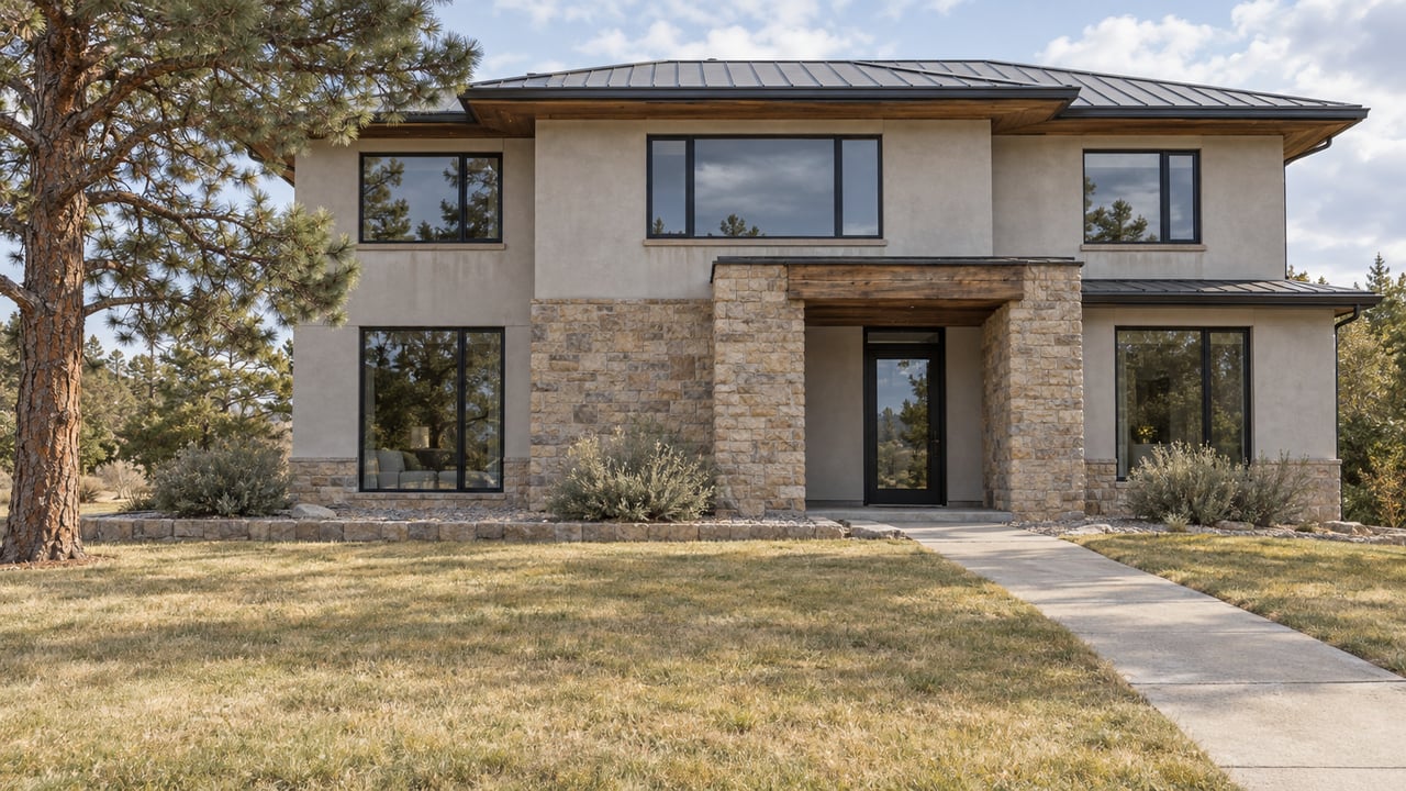 Two-story home with pale stucco, buff stone, timber overhangs and black-framed windows beyond a deep autumn lawn and concrete entry walk.