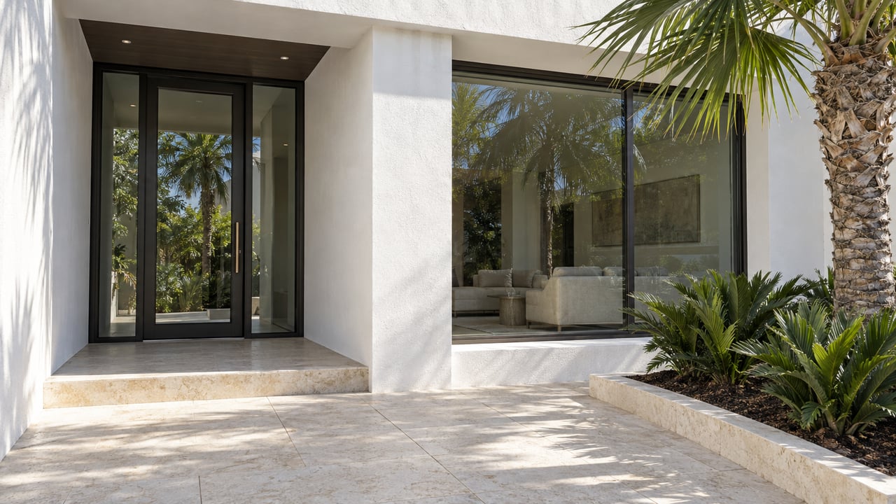 Sunlit white stucco residence with dark-framed glazing, limestone entrance paving, and a single fan palm.